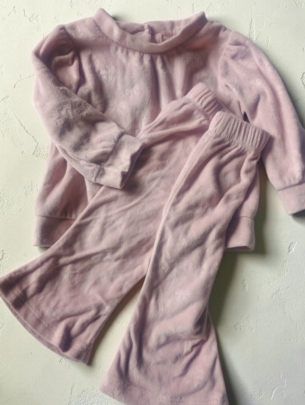 Little Lass Baby Girls Pink Velour bow detail Top and Flare Pants Set 3/6M